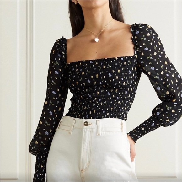 Reformation Tops - Reformation Smoked Long Sleeve Black Floral Print Square Neck Top